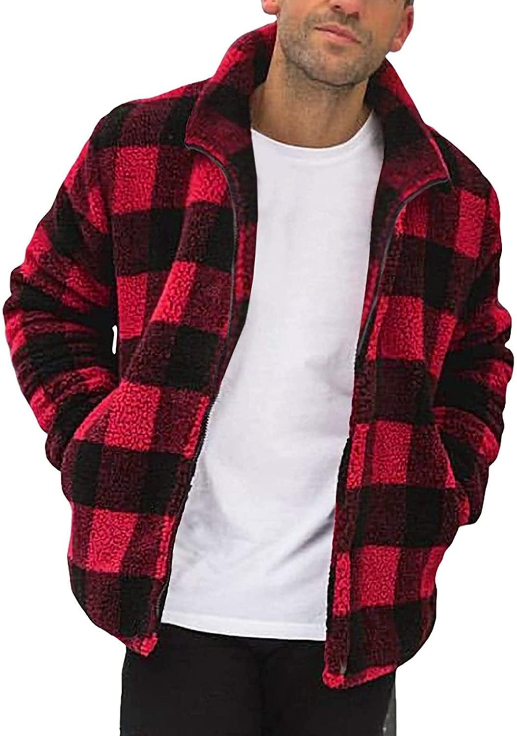 Merthy Mens Fuzzy Sherpa Fleece Jacket Casual Long Sleeve Stand Collar Furry Faux Woolen Cardigan Coat Zipper Teddy Coats Apparel & Accessories > Clothing > Underwear & Socks > Shapewear Merthy   