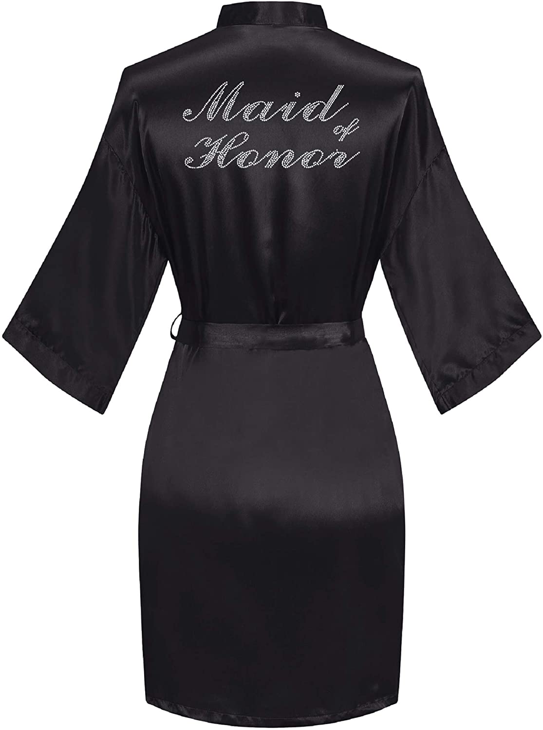 Sunshinemall Women'S Satin Kimono Robes with Rhinestones Bride Bridesmaid Short Sleepwear Wedding Dressing Gown Apparel & Accessories > Clothing > Sleepwear & Loungewear > Robes sunshinemall Maid of Honor-black Large-X-Large 