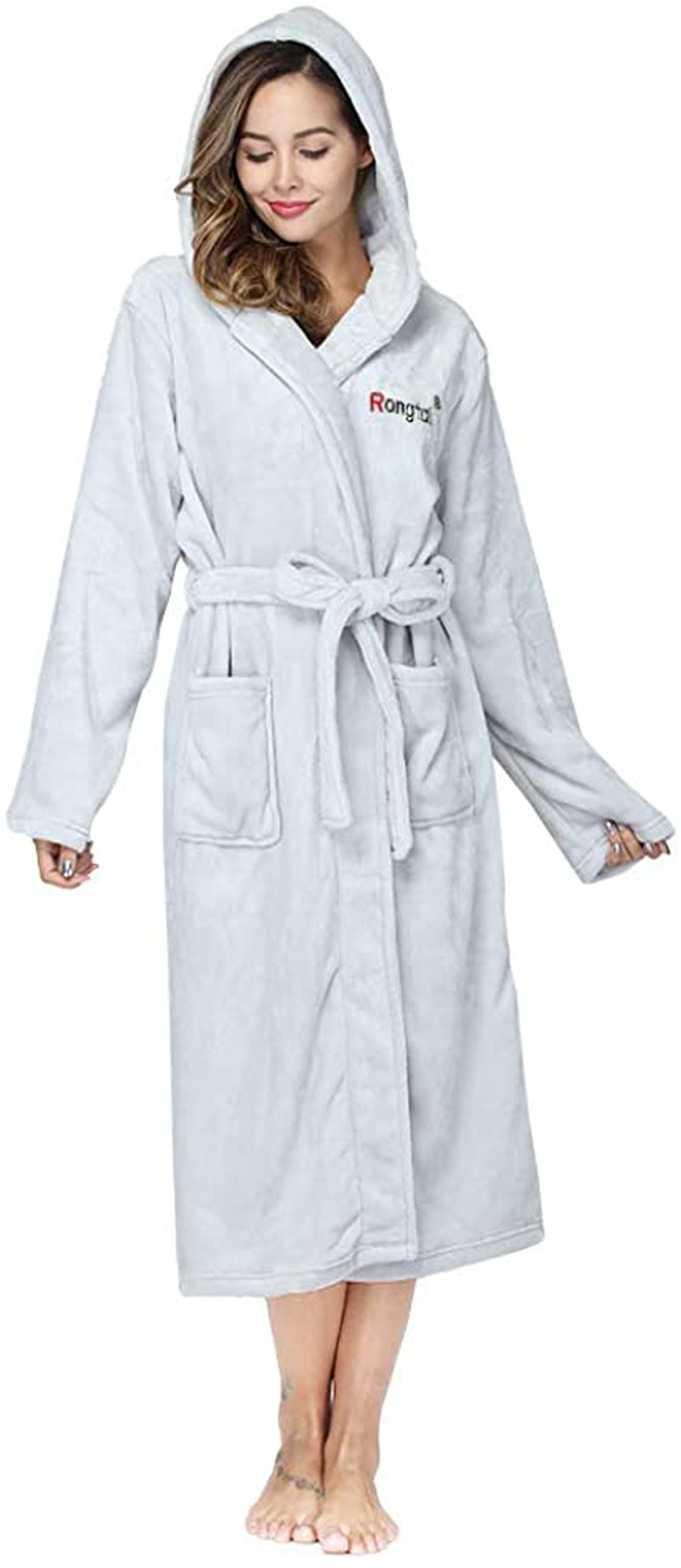 RONGTAI Womens Long Robes Plush Fleece Nightgown Thick plus Size Hooded Bathrobe with Pockets Fluffy Sleepwear for Men Apparel & Accessories > Clothing > Sleepwear & Loungewear > Robes RONGTAI Gray X-Large 