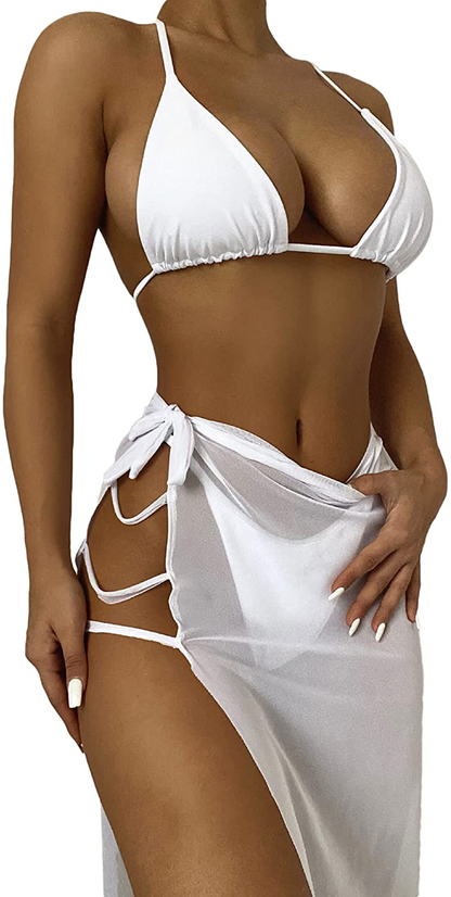 SOLY HUX Women's Wrap Triangle Bikini Bathing Suits with Mesh Beach Skirt 3 Piece Swimsuits Apparel & Accessories > Clothing > Swimwear KYLIE MAX White Large 