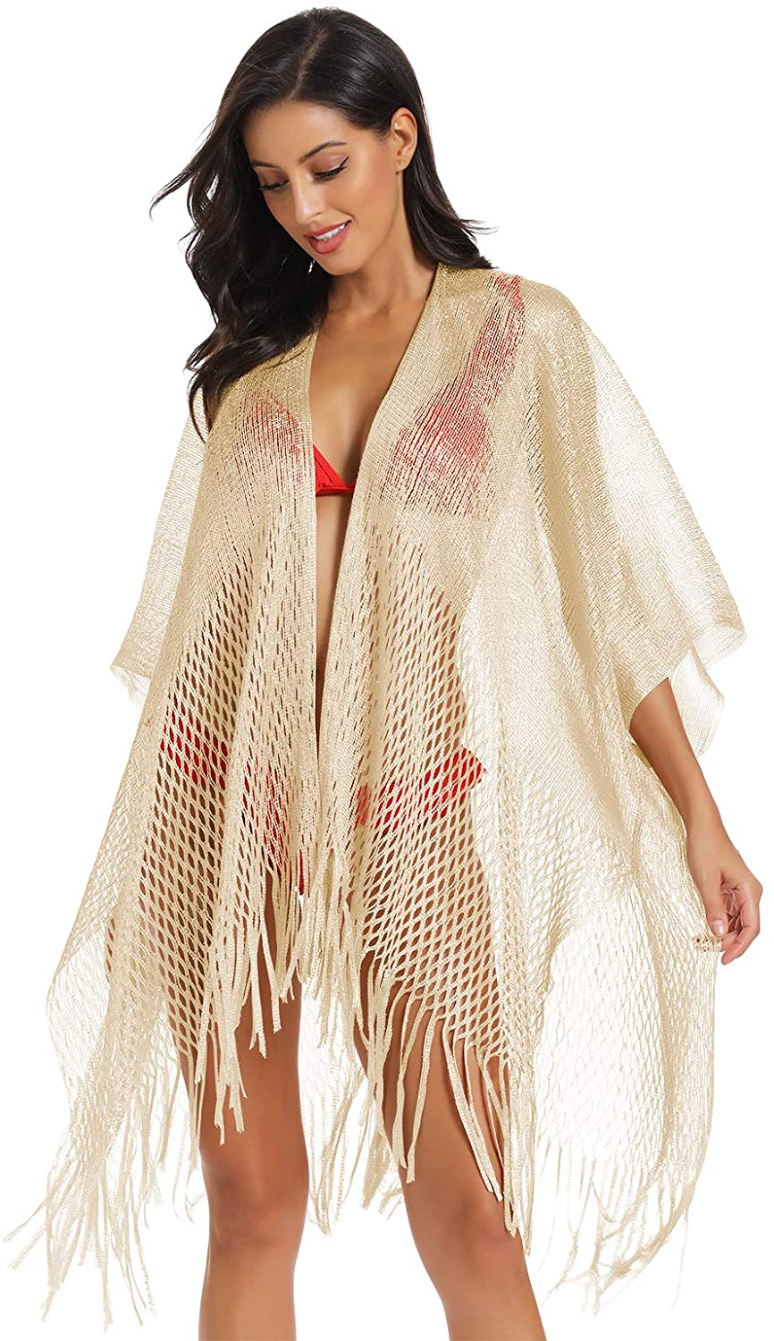Metallic Sparkly Kimono Cardigan Swimsuit Beach Bikini Cover Ups Open Front Casual Blouse Tops Apparel & Accessories > Clothing > Swimwear Kylie Max   