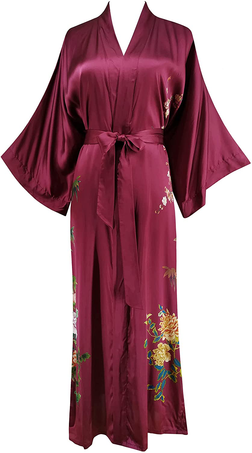 Ledamon Women'S 100% Silk Kimono Long Robe - Classic Colors and Prints Apparel & Accessories > Clothing > Sleepwear & Loungewear > Robes Ledamon Wine Red-b  