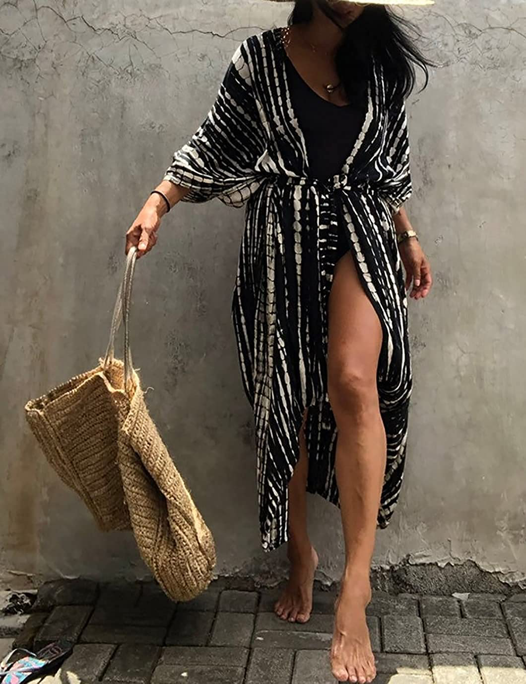 Eddoyee Womens Open Front Swimsuit Cover Ups Long Loose Print Beach Kimono Cardigans with Belt Apparel & Accessories > Clothing > Swimwear Kylie Max   