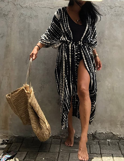 Eddoyee Womens Open Front Swimsuit Cover Ups Long Loose Print Beach Kimono Cardigans with Belt Apparel & Accessories > Clothing > Swimwear Kylie Max   