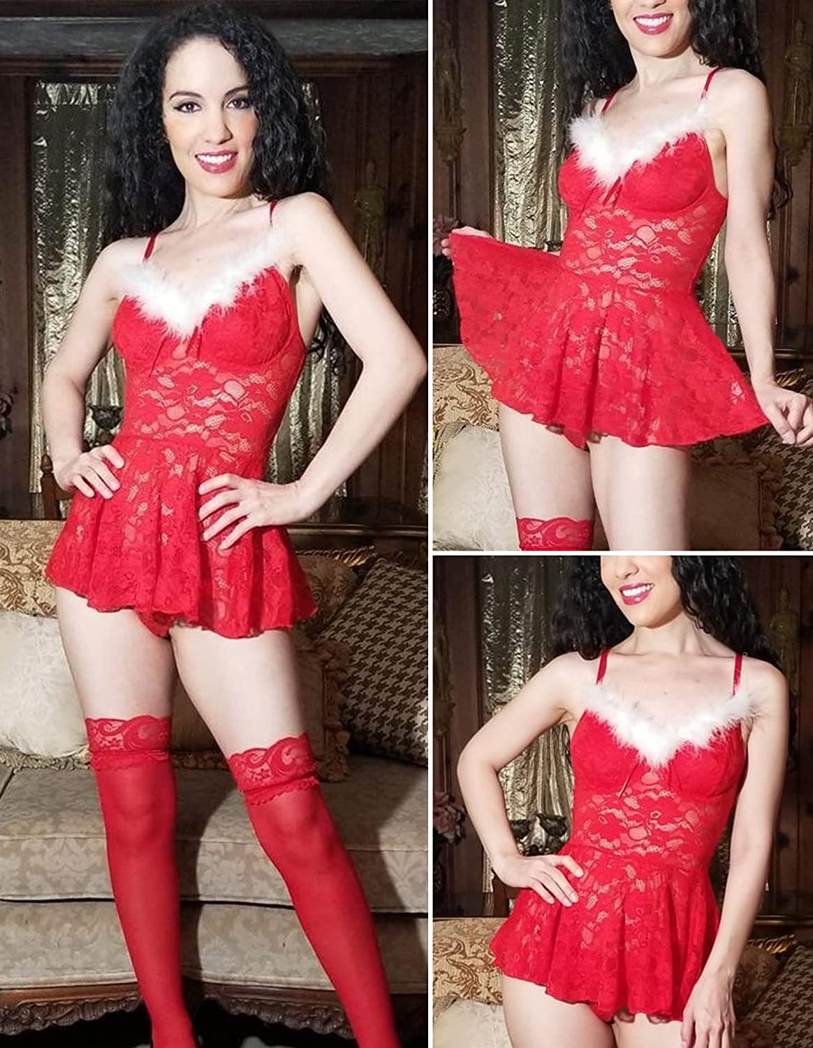 Avidlove Christmas Lingerie for Women Red Santa Babydoll Lingerie Lace Chemise Dress Apparel & Accessories > Clothing > Underwear & Socks > Lingerie Kylie Max   