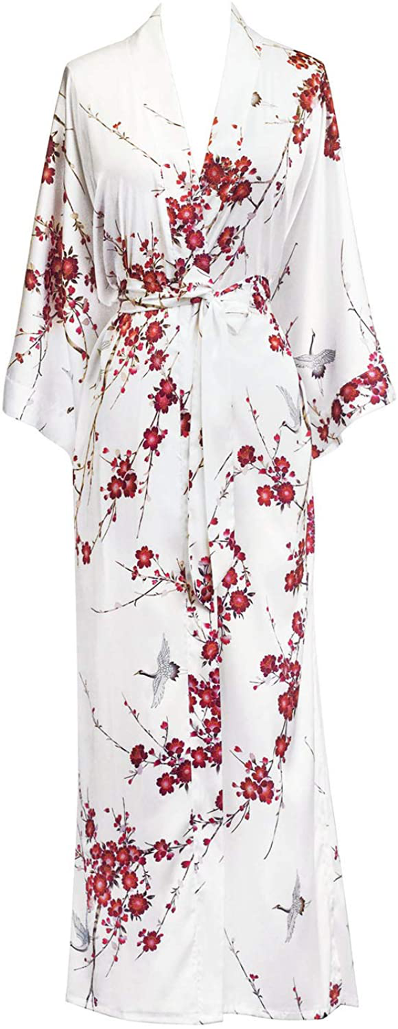 KIM+ONO Women'S Charmeuse Kimono Robe Long - Watercolor Floral Apparel & Accessories > Clothing > Sleepwear & Loungewear > Robes KIM+ONO Cherry Blossom & Crane - White  
