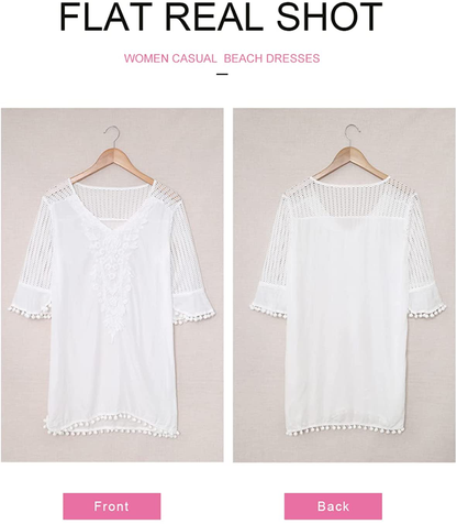 BLENCOT Women'S Crochet Chiffon Tassel Swimsuit Bikini Pom Pom Trim Swimwear Beach Cover Up Apparel & Accessories > Clothing > Swimwear Kylie Max   