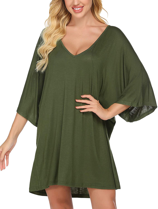 Ekouaer Women'S Sleepshirt Deep V Neck Nightgown Batwing Nightshirt Oversized Sleepwear Loungewear plus Size Apparel & Accessories > Clothing > Sleepwear & Loungewear > Nightgowns Kylie Max   