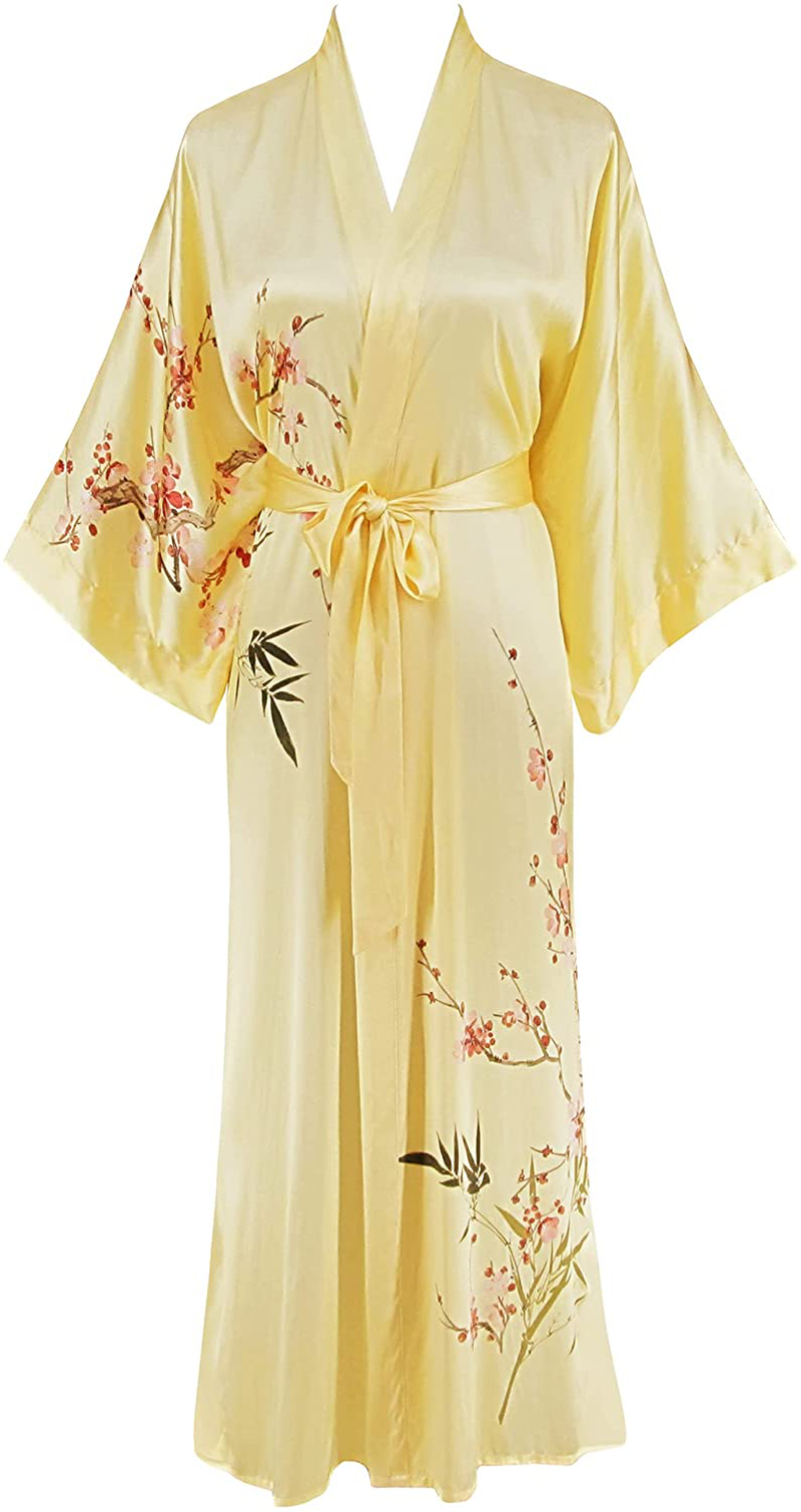 Ledamon Women'S 100% Silk Kimono Long Robe - Classic Colors and Prints Apparel & Accessories > Clothing > Sleepwear & Loungewear > Robes Ledamon Light Yellow-a  