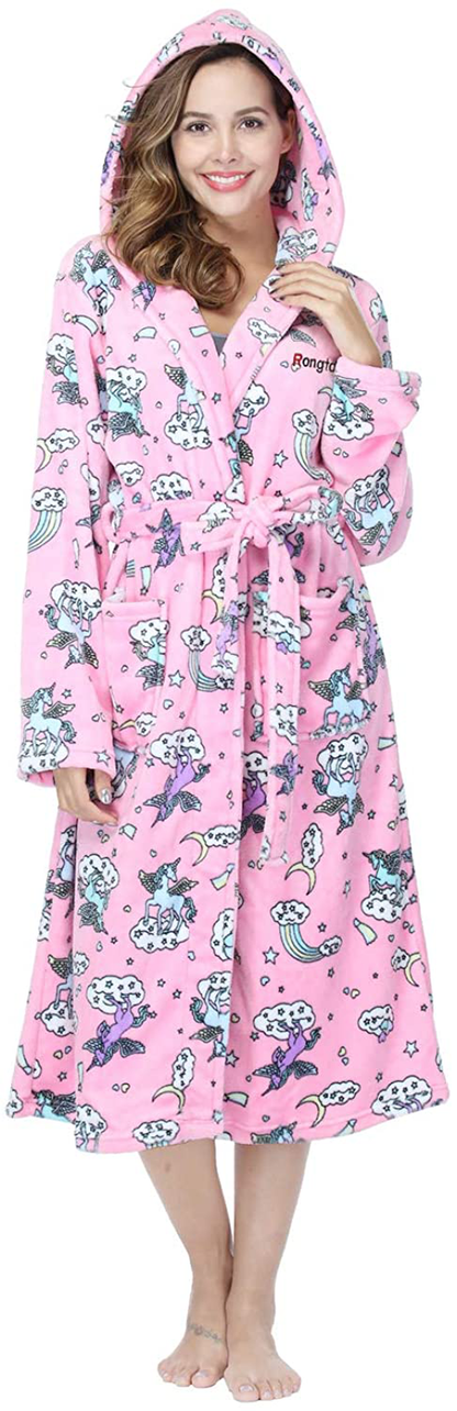 RONGTAI Womens Long Robes Plush Fleece Nightgown Thick plus Size Hooded Bathrobe with Pockets Fluffy Sleepwear for Men Apparel & Accessories > Clothing > Sleepwear & Loungewear > Robes RONGTAI Pink Pegasus Small 