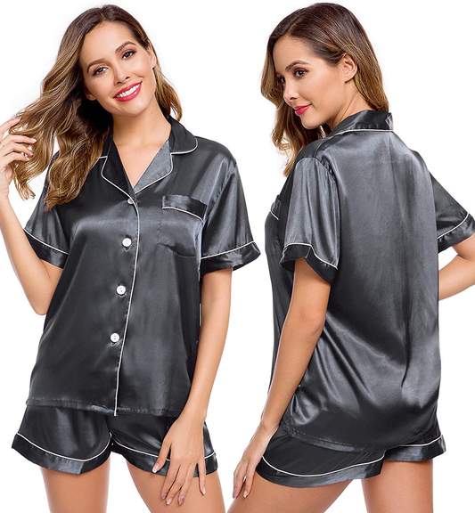 Lecgee Womens Silk Satin Pajamas Short Sleeve Loungewear Two-Piece Sleepwear Button-Down Pj Set Apparel & Accessories > Clothing > Sleepwear & Loungewear > Pajamas Kylie Max   