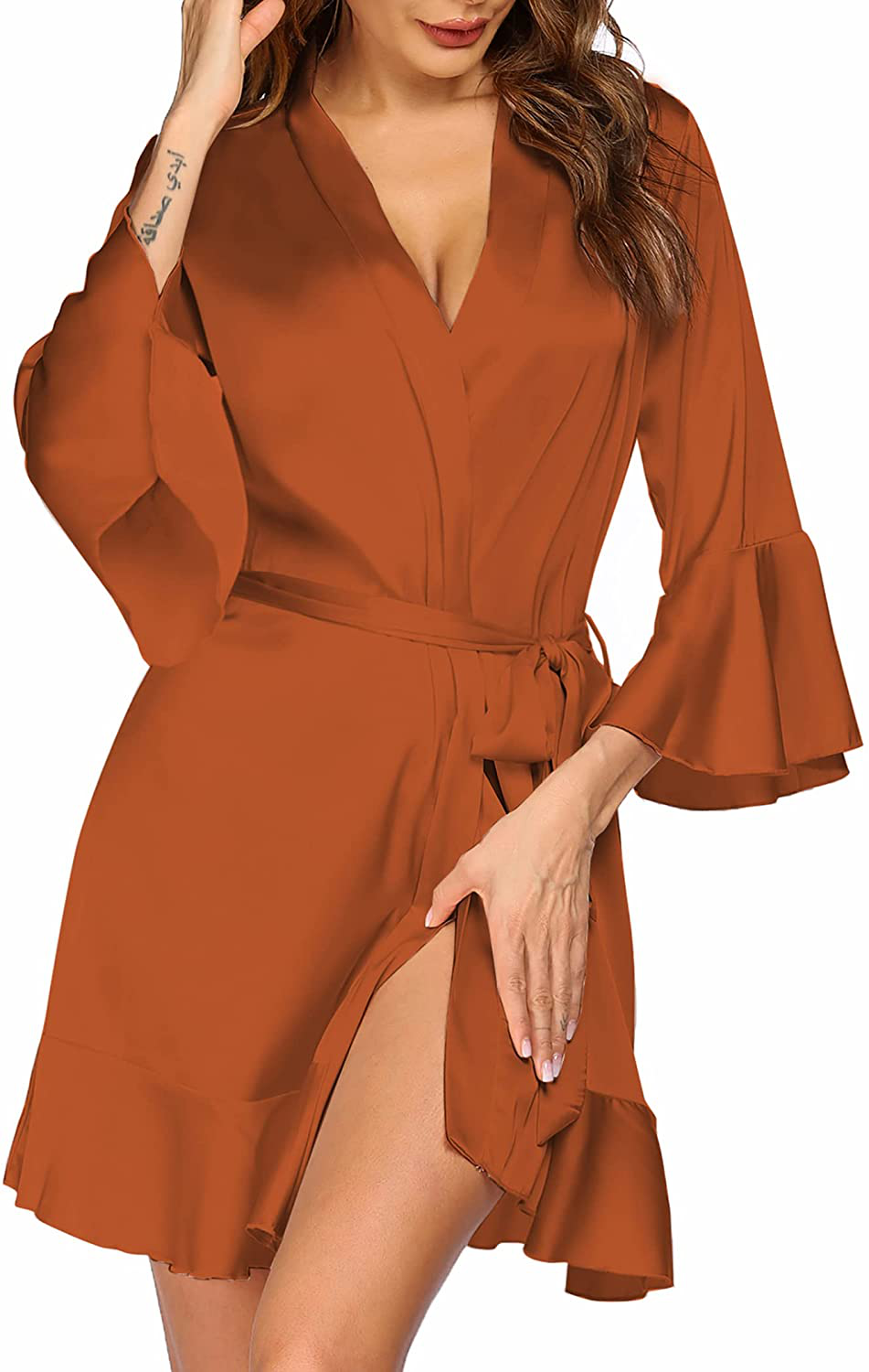 Hotouch Women'S Satin Robe Pure Color Short Kimono Robes Ruffle Hem Oblique V-Neck Bridesmaid Wedding Party Bathrobe Apparel & Accessories > Clothing > Sleepwear & Loungewear > Robes Hotouch Orange Red Small 