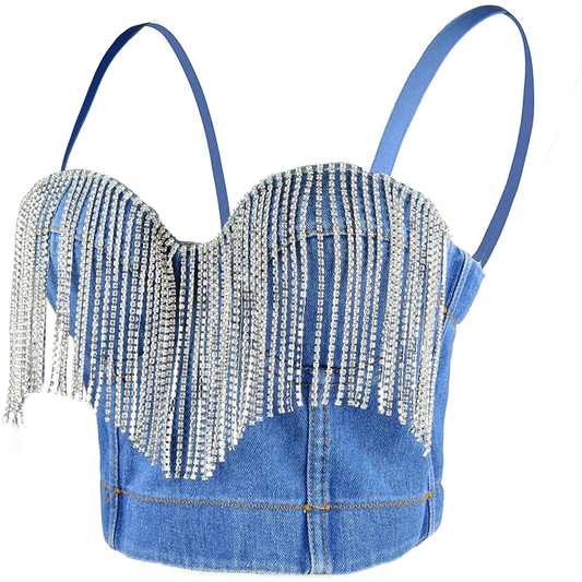 ELLACCI Women'S Tassel Rhinestone Denim Bustier Crop Top Jean Corset Top Bra Blue Apparel & Accessories > Clothing > Underwear & Socks > Lingerie ELLACCI Large  