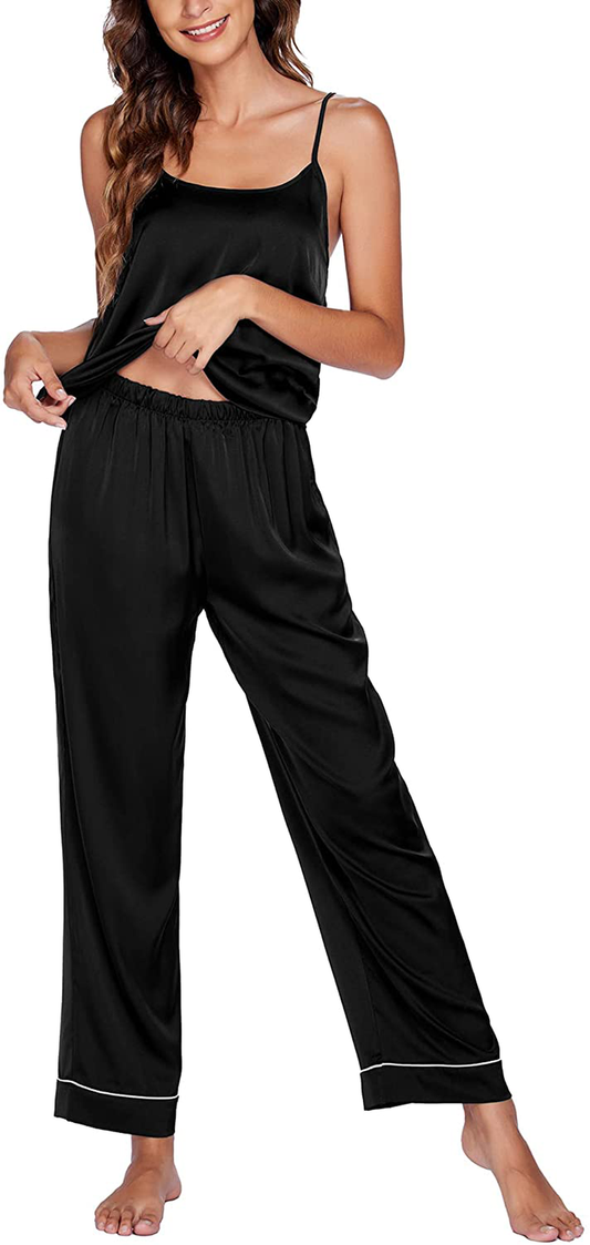 Ekouaer Satin Pajamas Women'S round Neck Sleepwear Soft Silk Cami Top and Long Pants Sexy Lingerie Nightwear Sets S-XXL Apparel & Accessories > Clothing > Sleepwear & Loungewear Kylie Max   
