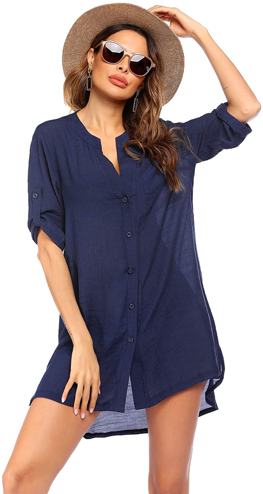 Ekouaer Women'S Cover up Shirt V-Neck Swimsuit Beach Bikini Beachwear Button down Bathing Suit S-3XL Apparel & Accessories > Clothing > Swimwear Kylie Max   