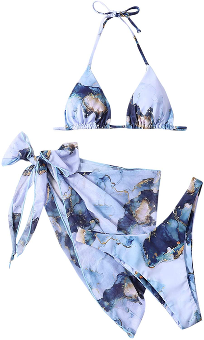 SOLY HUX Women's Wrap Triangle Bikini Bathing Suits with Mesh Beach Skirt 3 Piece Swimsuits Apparel & Accessories > Clothing > Swimwear KYLIE MAX Marble Multi Small 