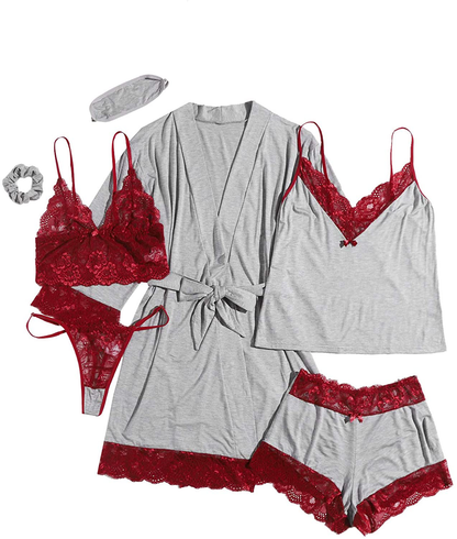 Shein Women'S 7Pcs Floral Lace Trim Cami Pajama Set with Robe and Eye Mask Apparel & Accessories > Clothing > Sleepwear & Loungewear Kylie Max   