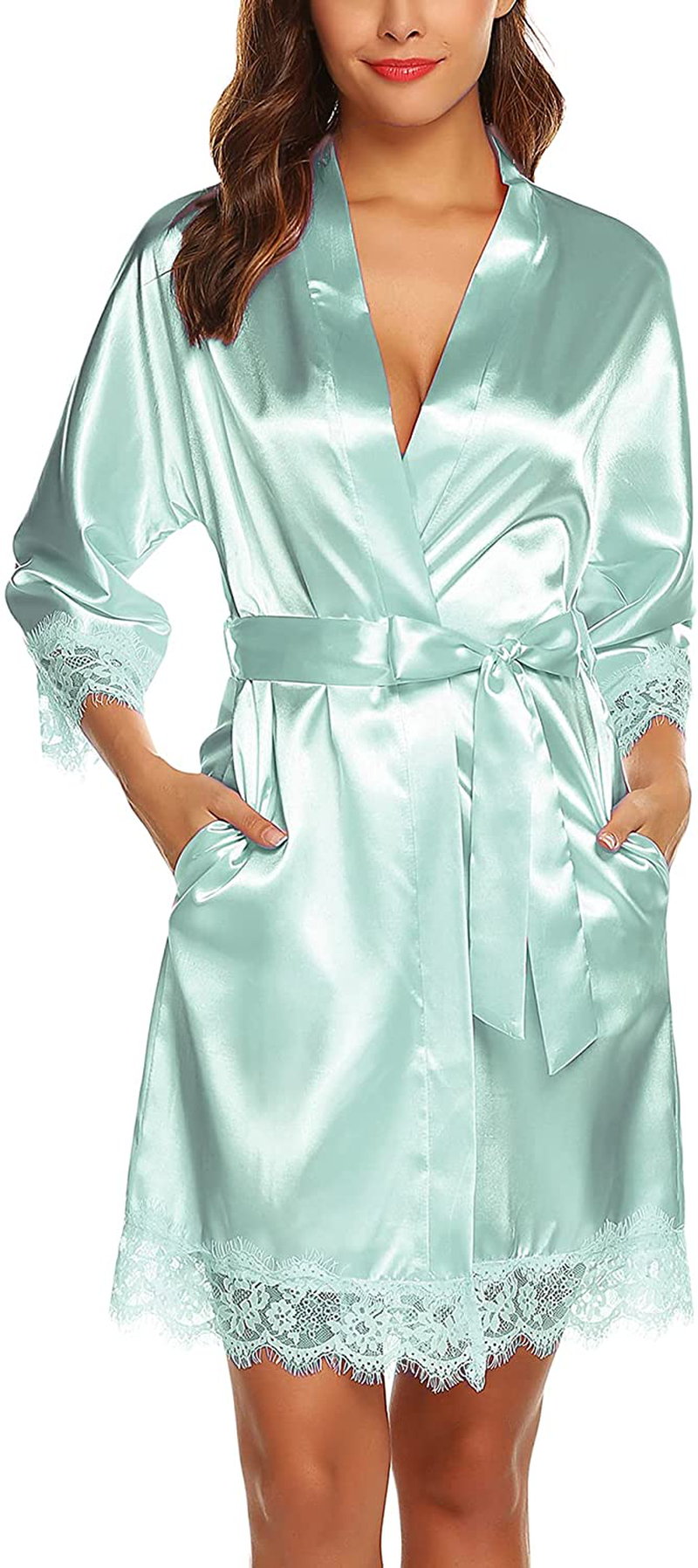 URRU Women'S Satin Silk Bathrobe Oblique V-Neck Short Kimono Robe Bridesmaids Robe S-XXXL Apparel & Accessories > Clothing > Sleepwear & Loungewear > Robes KYLIE MAX   