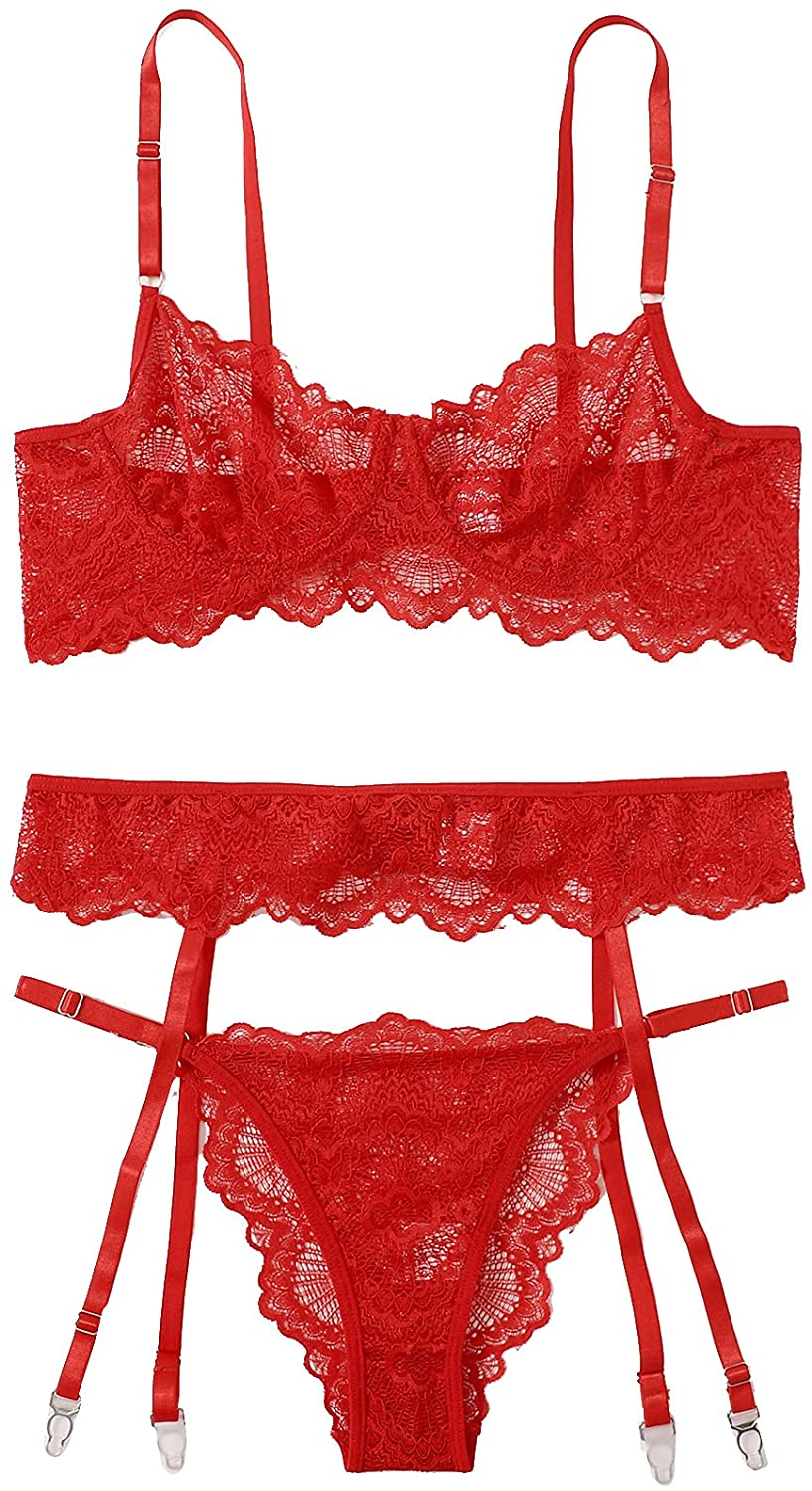 Shein Women'S 3 Piece Floral Lace Lingerie Set with Garter Belts Sexy Bra and Panty Apparel & Accessories > Clothing > Underwear & Socks > Lingerie SheIn Red X-Large 