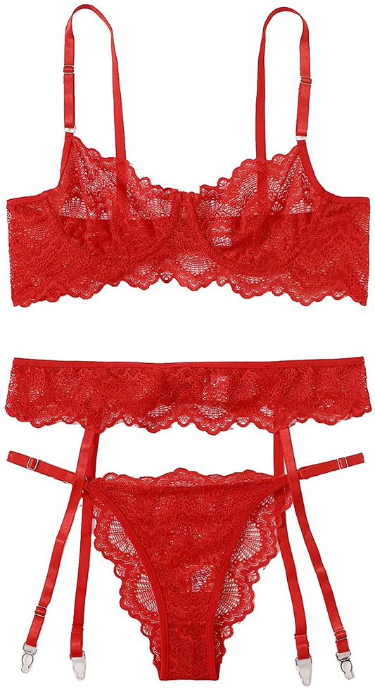Shein Women'S 3 Piece Floral Lace Lingerie Set with Garter Belts Sexy Bra and Panty Apparel & Accessories > Clothing > Underwear & Socks > Lingerie SheIn Red X-Large 