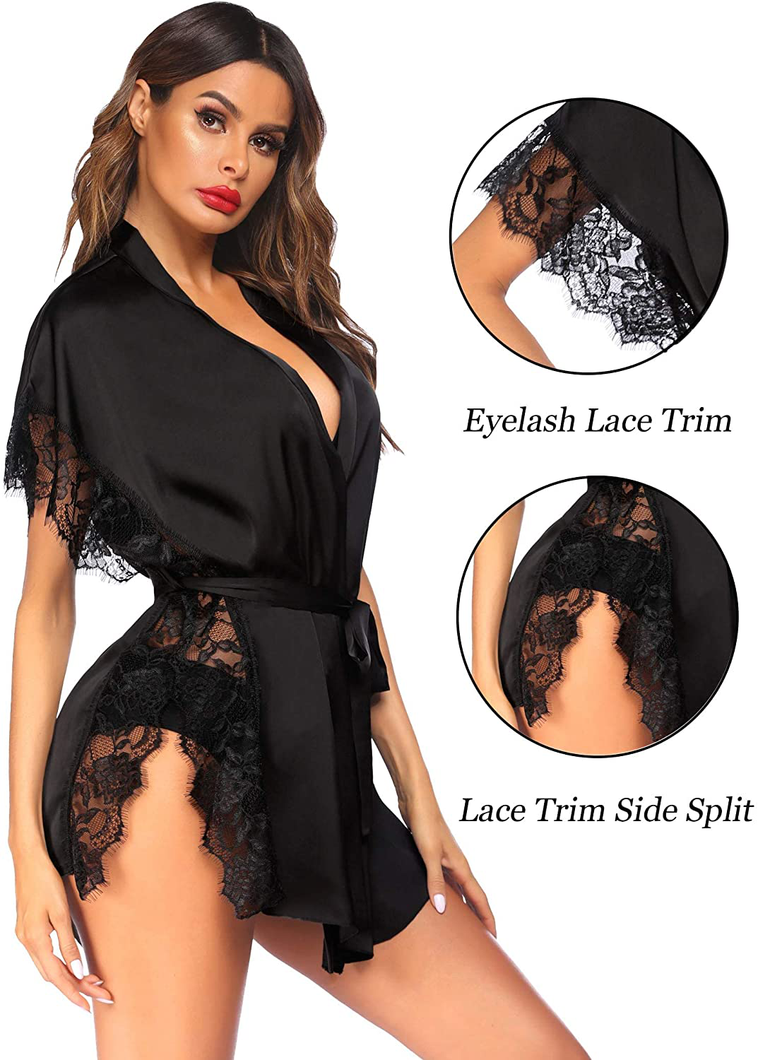 Avidlove Women Lingerie Robe Satin Sleepwear Eyelash Lace Kimono Side Split Sexy Silk Robes Apparel & Accessories > Clothing > Sleepwear & Loungewear > Robes Avidlove   