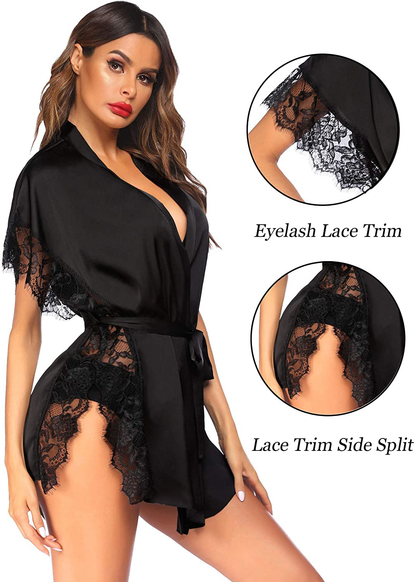 Avidlove Women Lingerie Robe Satin Sleepwear Eyelash Lace Kimono Side Split Sexy Silk Robes Apparel & Accessories > Clothing > Sleepwear & Loungewear > Robes Avidlove   