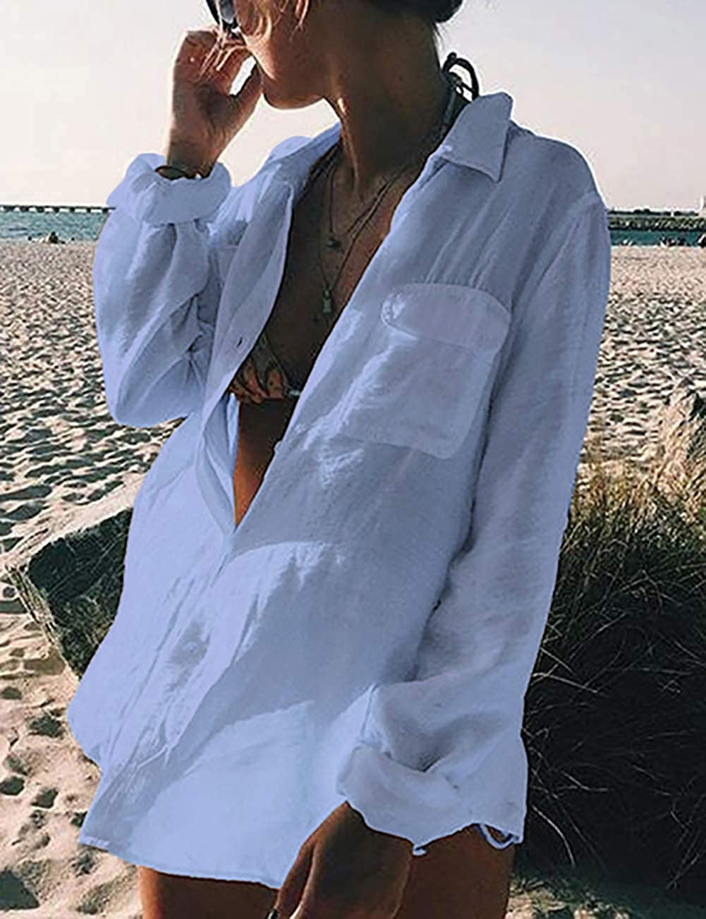 Bsubseach Women Long Sleeve Beach Shirt Blouses Turn down Collar Bathing Suit Cover Ups Apparel & Accessories > Clothing > Swimwear Kylie Max   