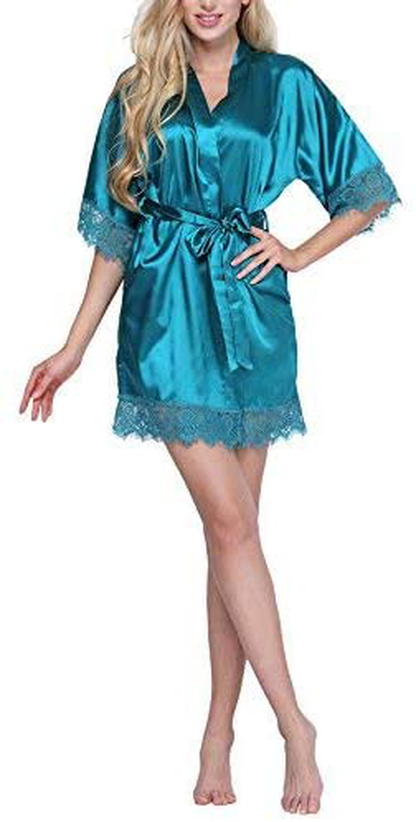 Original Kimono Women'S Lace-Trimmed Satin Short Kimono Robe Bathrobe Loungewear Apparel & Accessories > Clothing > Sleepwear & Loungewear > Robes Original Kimono Greenish Blue Small 