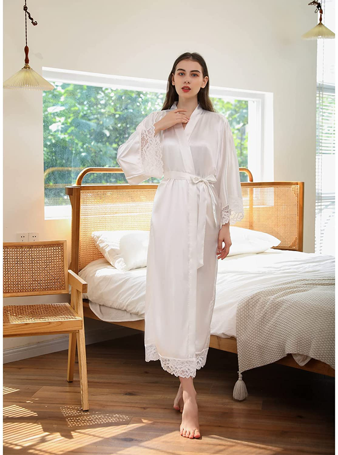Asvioya Lace Kimono Robe for Women, Silk Robe, Satin Long Robe for Wedding, Night Gown for Ladies Women Bridal Loung Apparel & Accessories > Clothing > Sleepwear & Loungewear > Robes Asvioya   