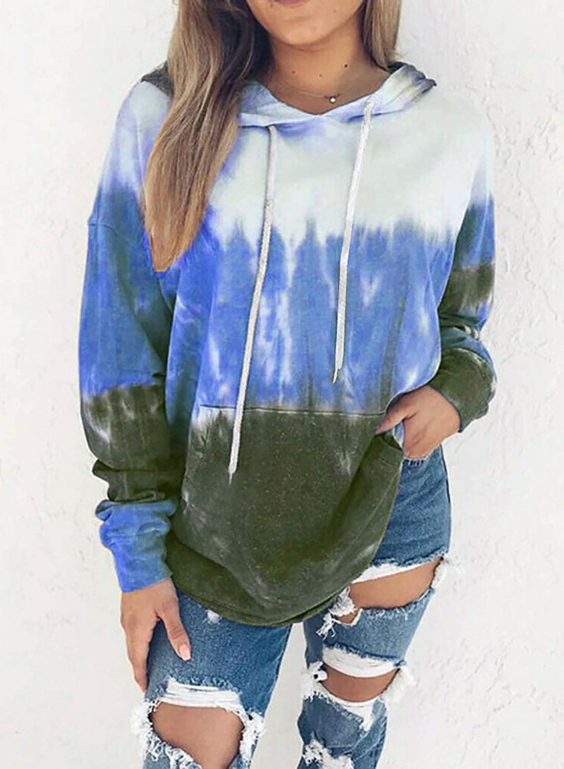 Eytino Women Hoodies Tops Tie Dye Printed Long Sleeve Drawstring Pullover Sweatshirts with Pocket(S-Xxl) Apparel & Accessories > Clothing > Activewear Kylie Max   