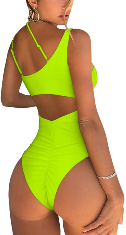 QINSEN Womens One Shoulder Cutout Ruched Back High Cut Monokini One Piece Swimsuit Apparel & Accessories > Clothing > Swimwear Kylie Max   