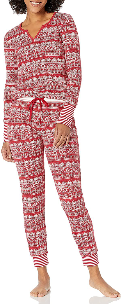 Mae Women's Vintage Thermal Henley Long Sleeve Top with Jogger Pajama Set Apparel & Accessories > Clothing > Sleepwear & Loungewear > Pajamas Mae Red Fair Isle Medium 