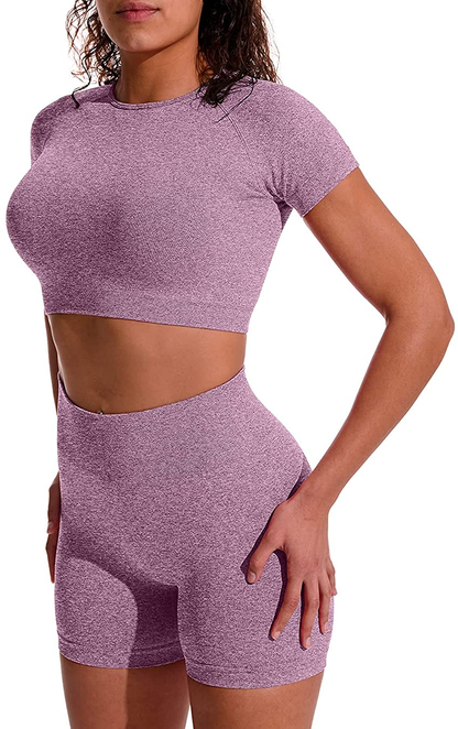 OYS Women'S Yoga 2 Piece Outfits Workout Running Crop Top Seamless High Waist Sports Shorts Sets Apparel & Accessories > Clothing > Underwear & Socks > Lingerie OYS 1#fuchsia Small 