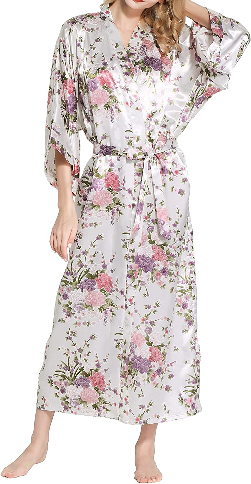 BABEYOND Long Print Kimono Robe Blouse Kimono Cover up Loose Cardigan Top Outwear Apparel & Accessories > Clothing > Sleepwear & Loungewear > Robes KYLIE MAX White  