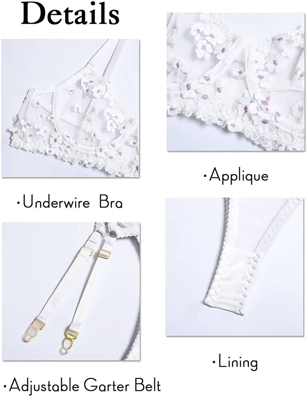 Kaei&Shi Embroidered Applique Lace Lingerie,Underwire Mesh Sheer Honeymoon Matching 3 Piece Lingerie Set Apparel & Accessories > Clothing > Underwear & Socks > Lingerie Kaei&Shi   