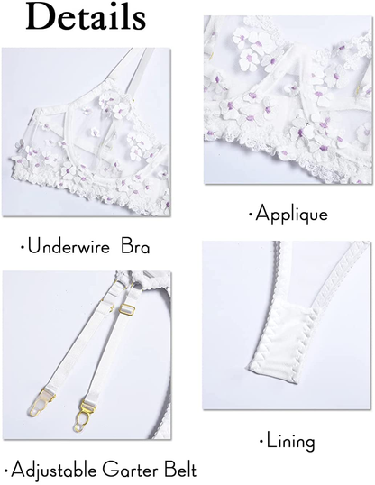 Kaei&Shi Embroidered Applique Lace Lingerie,Underwire Mesh Sheer Honeymoon Matching 3 Piece Lingerie Set Apparel & Accessories > Clothing > Underwear & Socks > Lingerie Kaei&Shi   