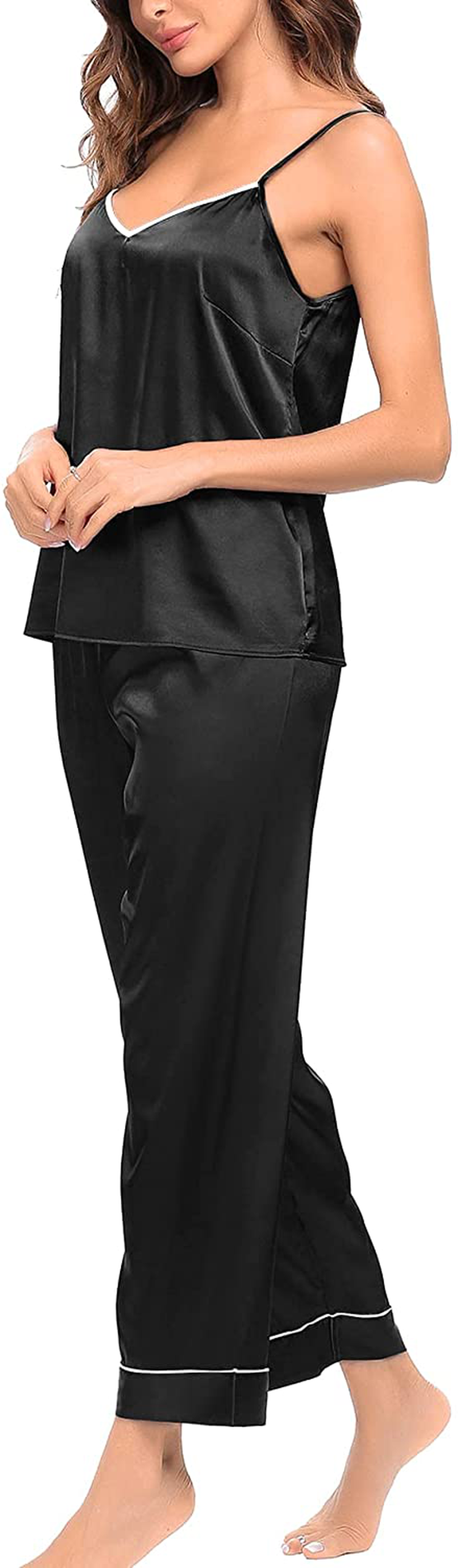 SWOMOG Womens Silk Satin Pajamas Set Two-Piece Pj Sets Cami Top and Capris Pants Sleepwear Apparel & Accessories > Clothing > Sleepwear & Loungewear Kylie Max   