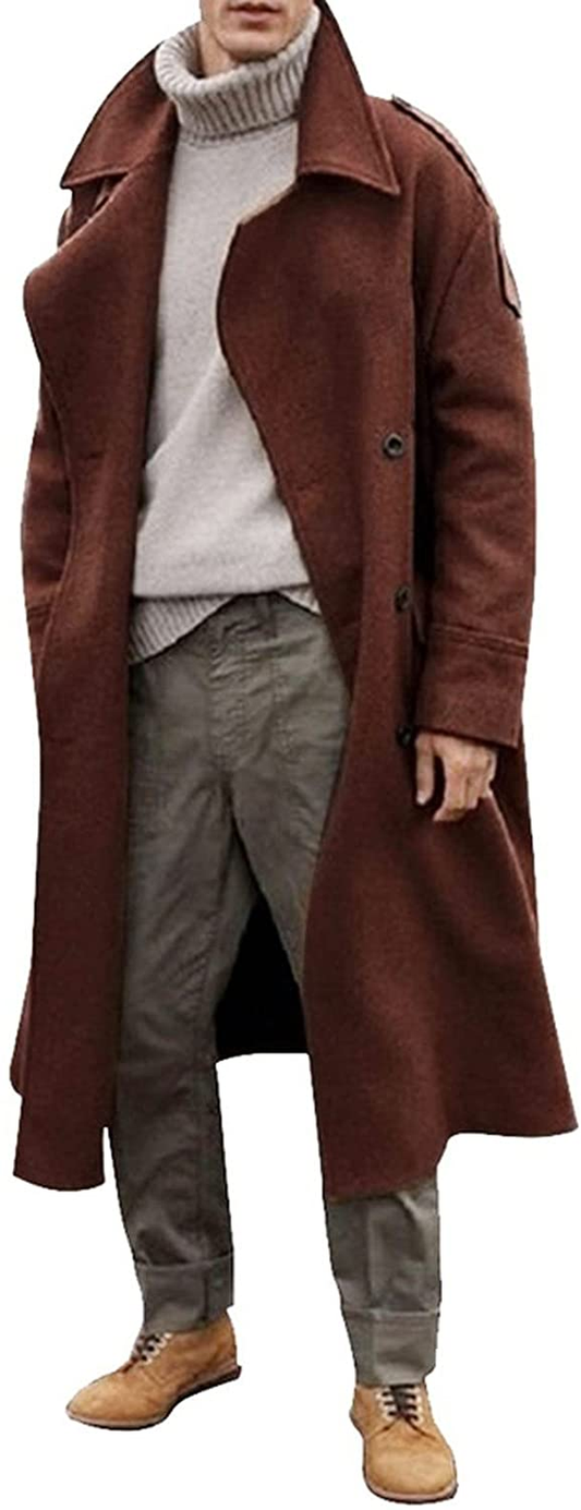 Merthy Mens Winter Warm French Woolen Trench Coats Long Sleeved Turn-Down Collar Double Breasted Business Long Pea Coat Apparel & Accessories > Clothing > Underwear & Socks > Shapewear Merthy Brown Small 