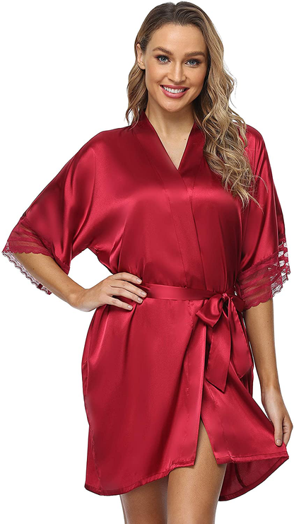 The Bund Women'S Short Robes Lace Bride Bridesmaids Sexy Bathrobe Satin Spa Robe Pure Color Apparel & Accessories > Clothing > Sleepwear & Loungewear > Robes The Bund Y-wine Small 