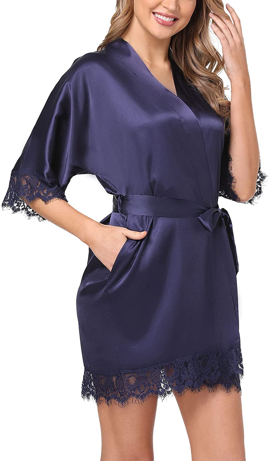 Old-Times Women Satin Short Robes for Bridesmaid Bride Sexy Nightgown Lace Trim Lightweight Bathrobe Apparel & Accessories > Clothing > Sleepwear & Loungewear > Robes Old-Times   