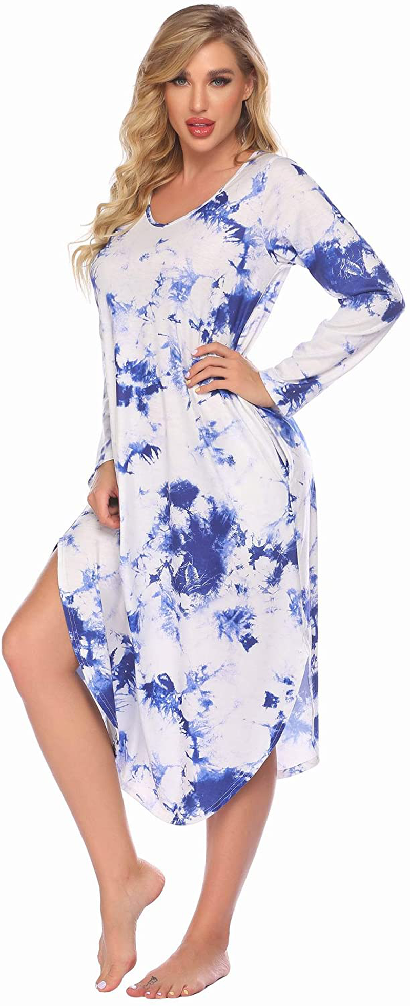 Ekouaer Nightgowns Womens V Neck Nightshirts Long Sleeve Sleepwear plus Size Night Wear S-XXL Apparel & Accessories > Clothing > Sleepwear & Loungewear > Nightgowns Kylie Max   