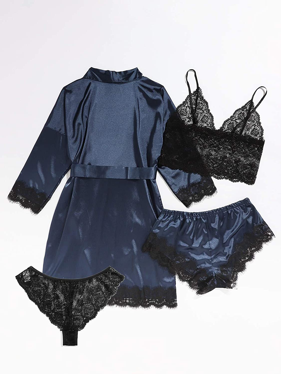 SOLY HUX Women'S Sleepwear 4Pcs Floral Lace Trim Satin Cami Pajama Set with Robe Apparel & Accessories > Clothing > Sleepwear & Loungewear Kylie Max   