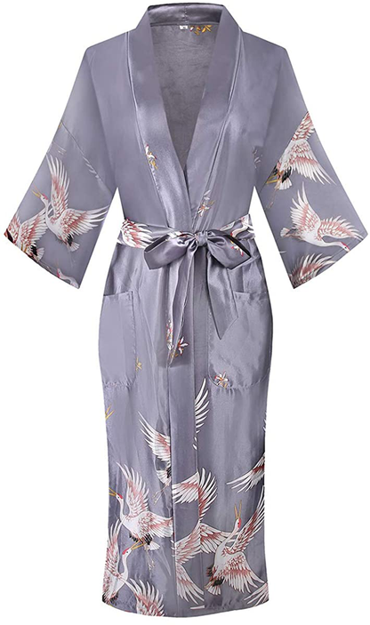 Dandychic Women'S Kimono Robes Lightweight Imitation Silk Sleepwear Long Lightweight Nightgown for Women Apparel & Accessories > Clothing > Sleepwear & Loungewear > Robes DandyChic Silver/Crane X-Large 