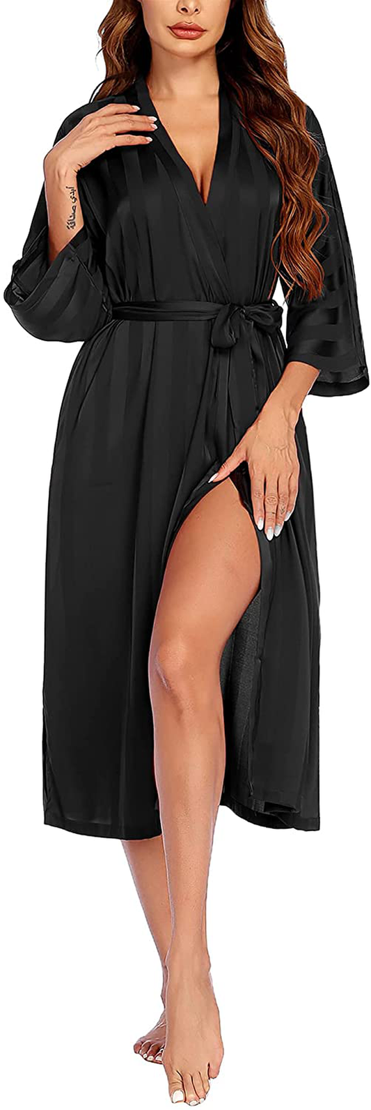 Ekouaer Silk Robes for Women Long Kimono Bridesmaid Dressing Gown V-Neck Satin Bathrobes Apparel & Accessories > Clothing > Sleepwear & Loungewear > Robes Ekouaer Black XX-Large 