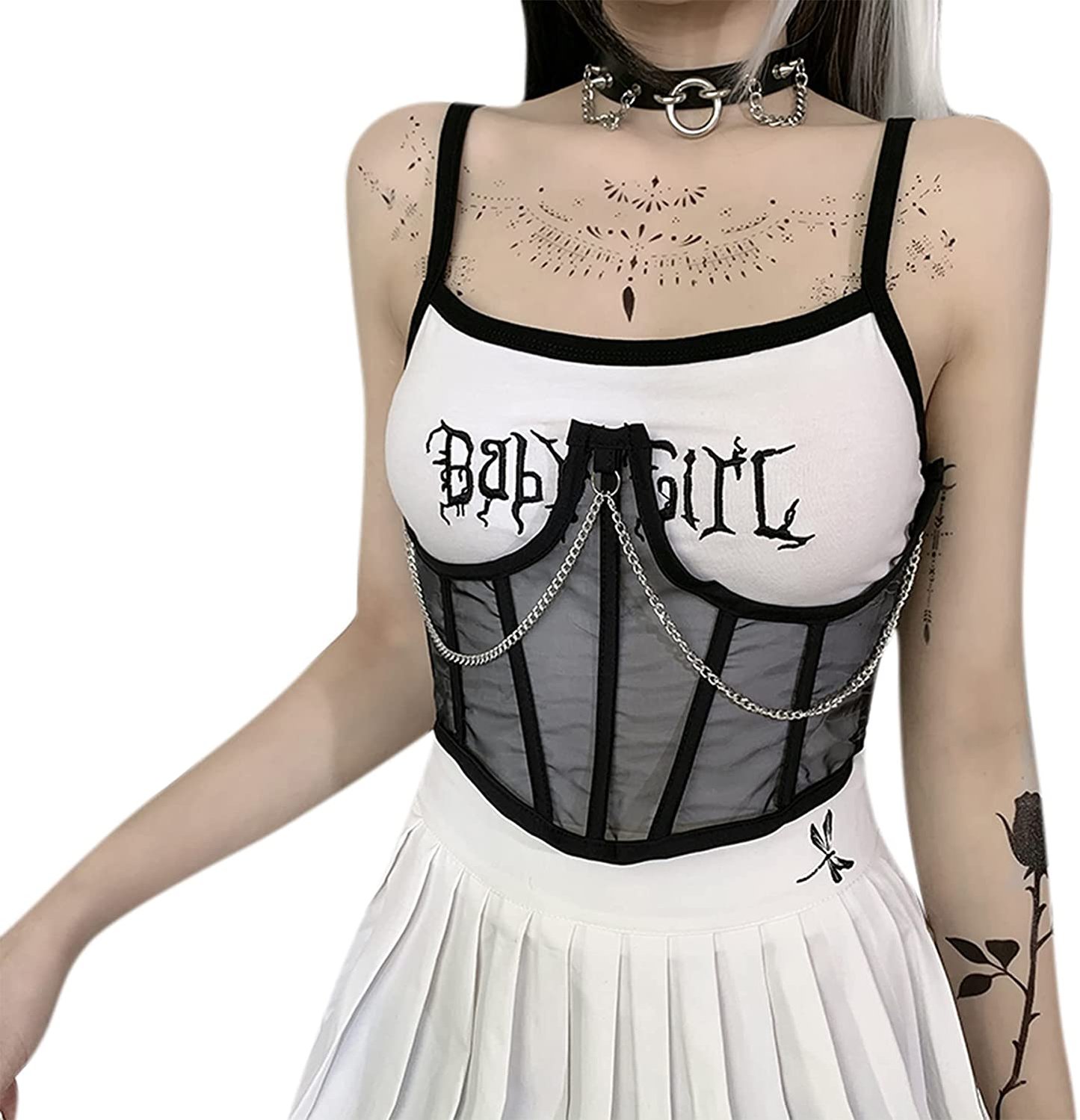 JUMISEE Women See through Mesh Lace up Bustier Corset Metal Chain Boned Overbust Waist Cincher Wide Belt Apparel & Accessories > Clothing > Underwear & Socks > Lingerie JUMISEE   