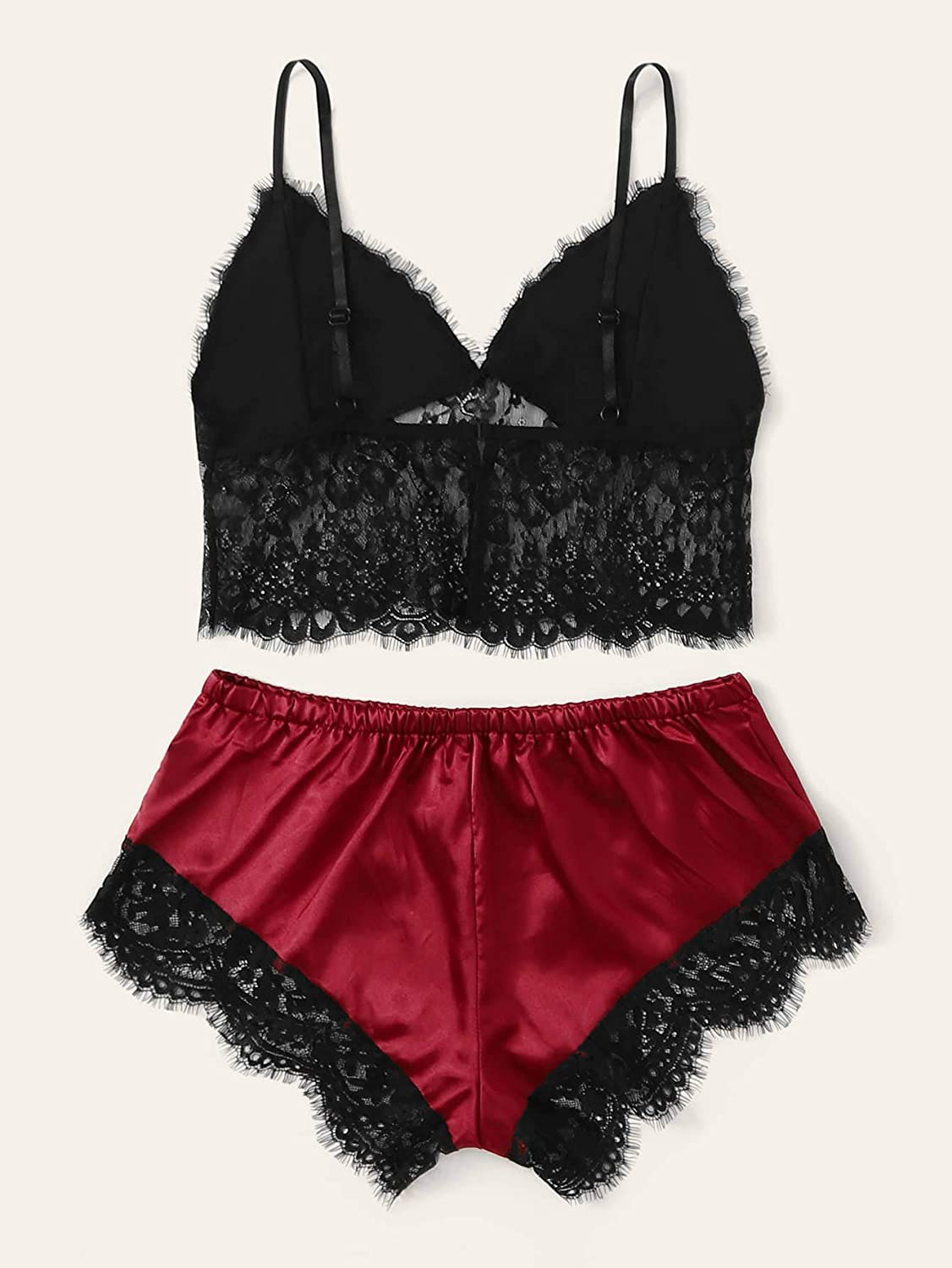 Verdusa Women'S Sleepwear V Neck Lace Wireless Cami Top & Satin Shorts Lingerie Chemise Pajama Set Apparel & Accessories > Clothing > Sleepwear & Loungewear Kylie Max   