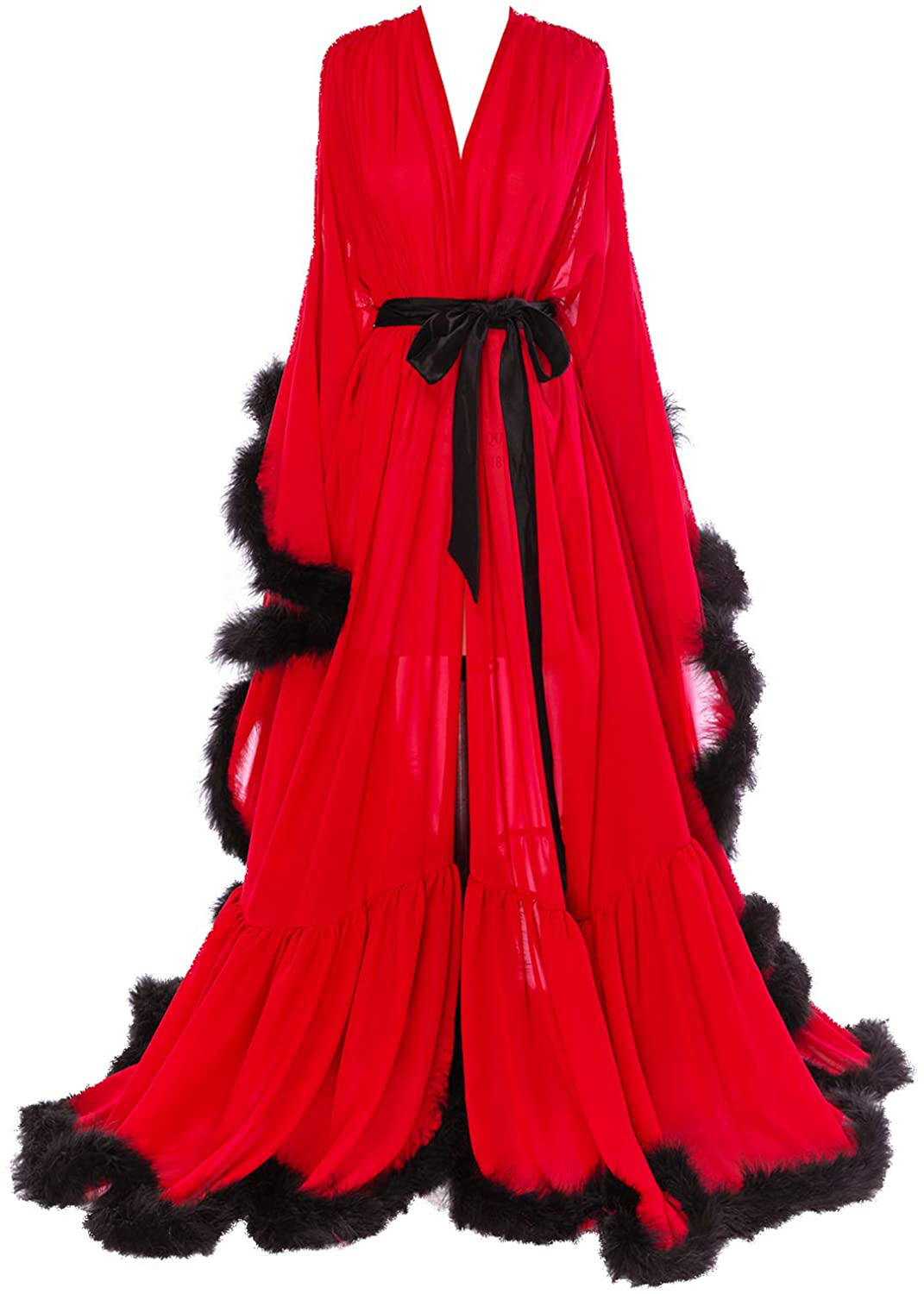 Molisa Women'S Sexy Feather Bridal Robe Long Wedding Scarf Illusion Bathrobe Sleepwear Lingerie Robe Nightgown Apparel & Accessories > Clothing > Sleepwear & Loungewear > Robes Molisa Red+black 4X-Large 