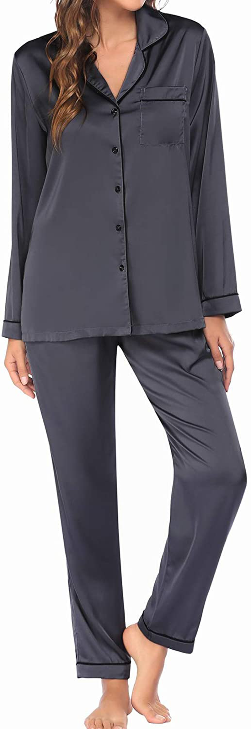 Ekouaer Satin Pajamas Women’S Long Sleeve Sleepwear Silk Soft Button down Loungewear Pjs Set S-XXL Apparel & Accessories > Clothing > Sleepwear & Loungewear > Pajamas Kylie Max   