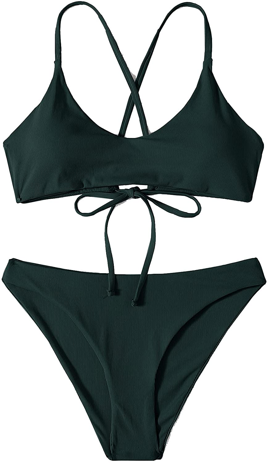 SweatyRocks Women's Bathing Suits Spaghetti Strap Criss Cross Back Bikini Ribbed Swimsuit Apparel & Accessories > Clothing > Swimwear SweatyRocks Dark Green X-Large 