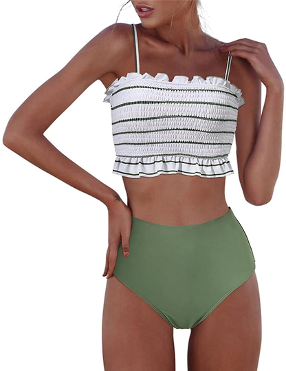 RXRXCOCO Womens Shirred Bandeau Bikini Cute Two Piece Swimsuit Off Shoulder High Waist Bathing Suit Apparel & Accessories > Clothing > Swimwear RXRXCOCO Green Stripe-2 Large 